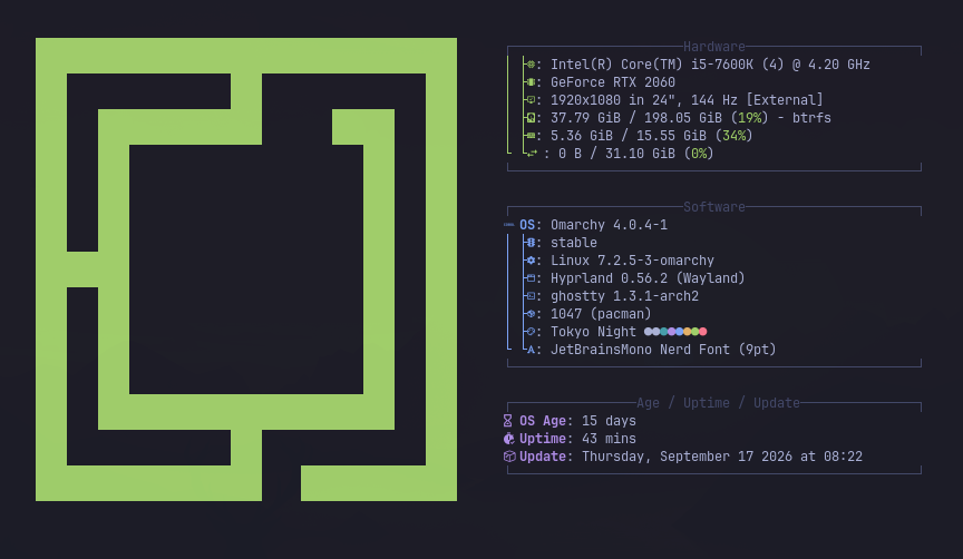 Omarchy About screen showing the hardware, software, desktop, theme, and font